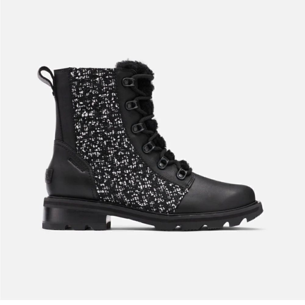 Sorel Lennox Black Leather Tweed Combat Boots Shearling Lined Women’s 10